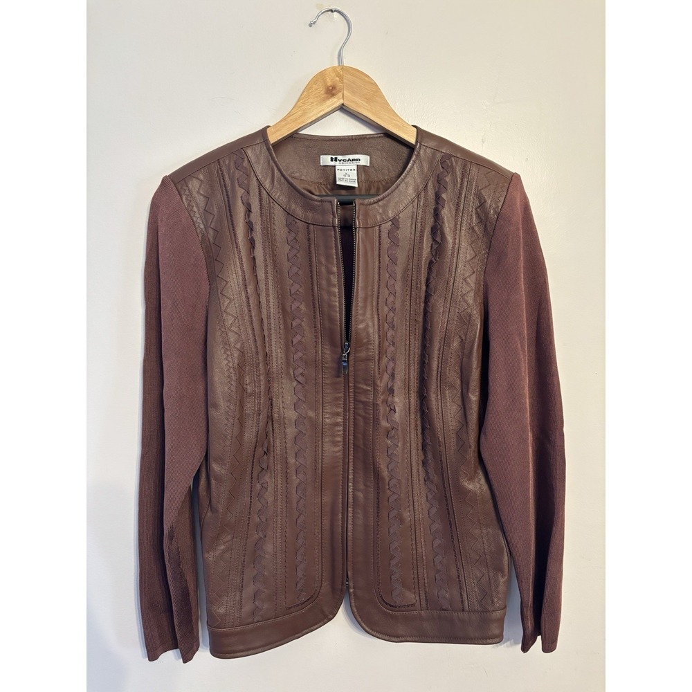 Nygard Collection Women's Brown Leather Jacket Knit Sleeves Ribbon Large‎ Petite